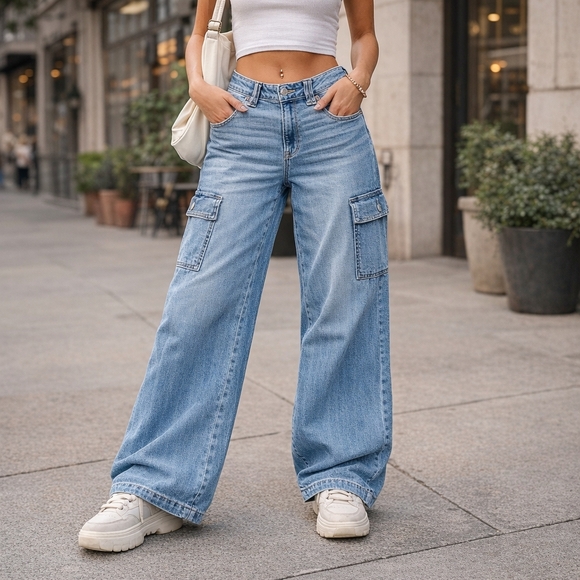 American Eagle Outfitters Denim - American Eagle Super High Rise Baggy Wide Leg Cargo Jeans Size 8